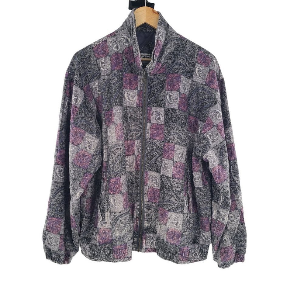 Vital Zone Jacket Large Geometric Paisley  100% Silk Shell Full Zip‎ Purple Gray